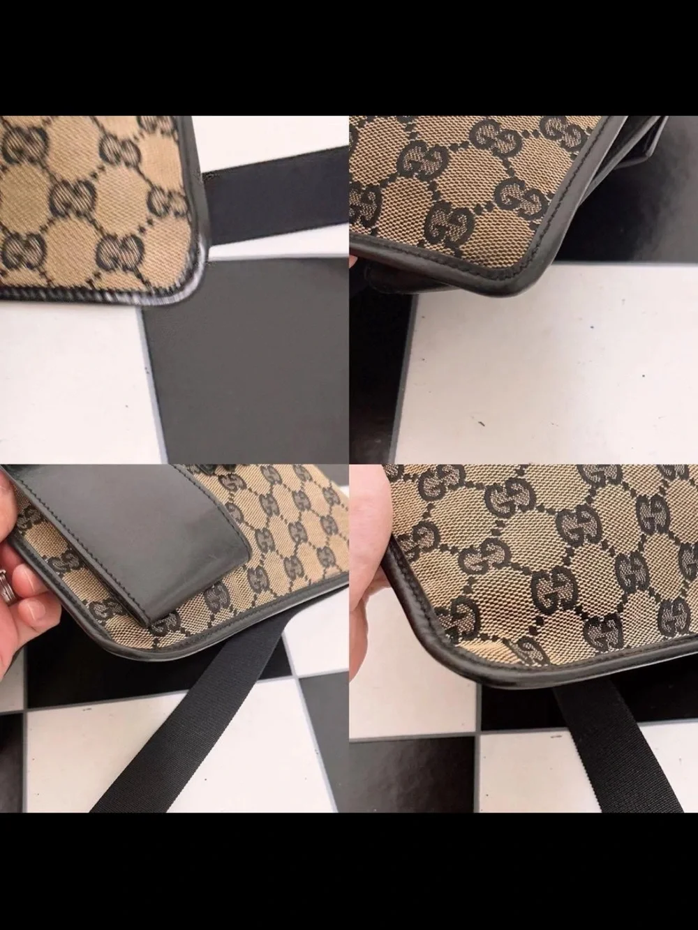 Gucci Beige & Black GG Canvas Messenger Bag with Leather Trim